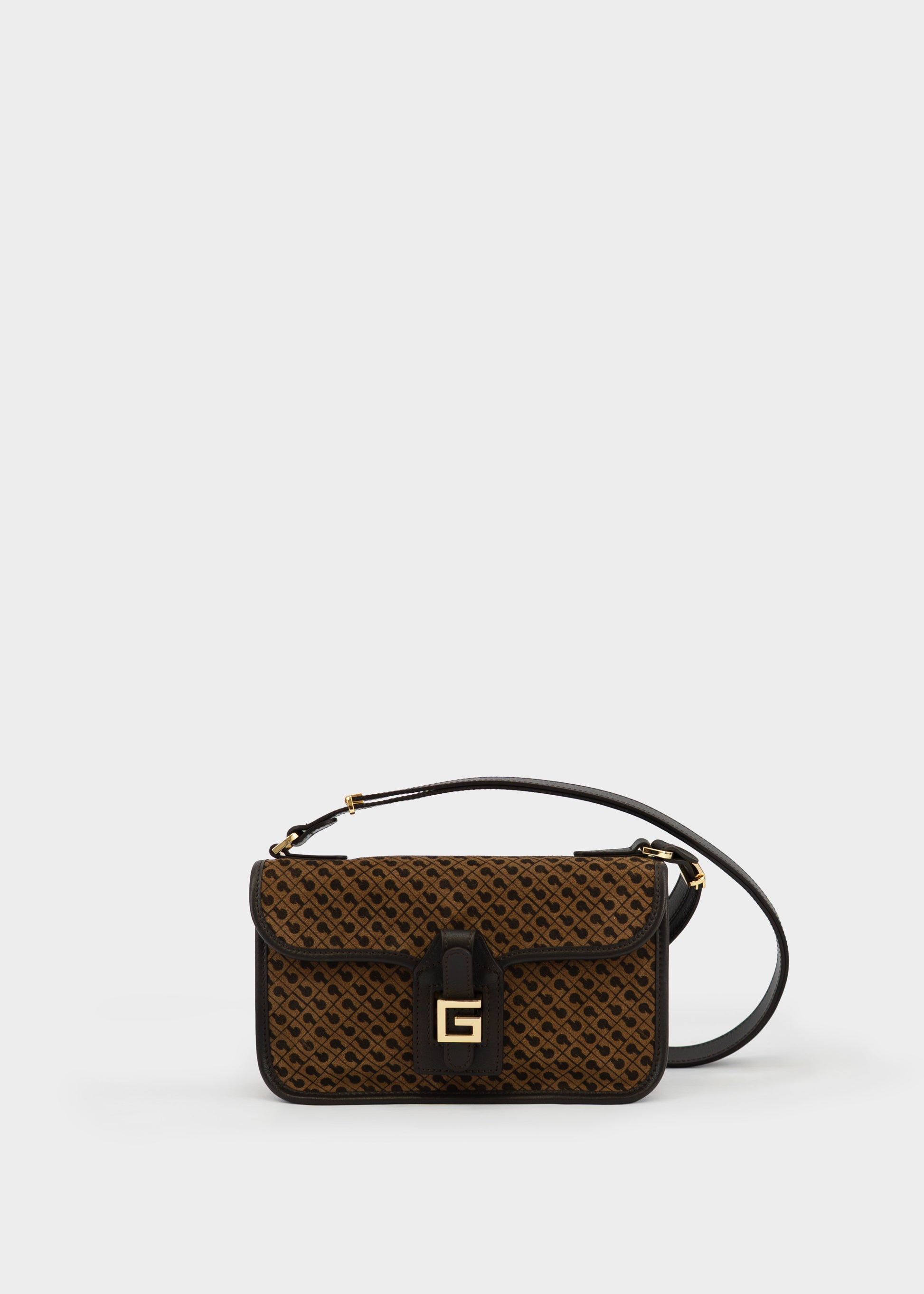 Borsa a Spalla Piccola con Patta in Monogram Suede Toffee