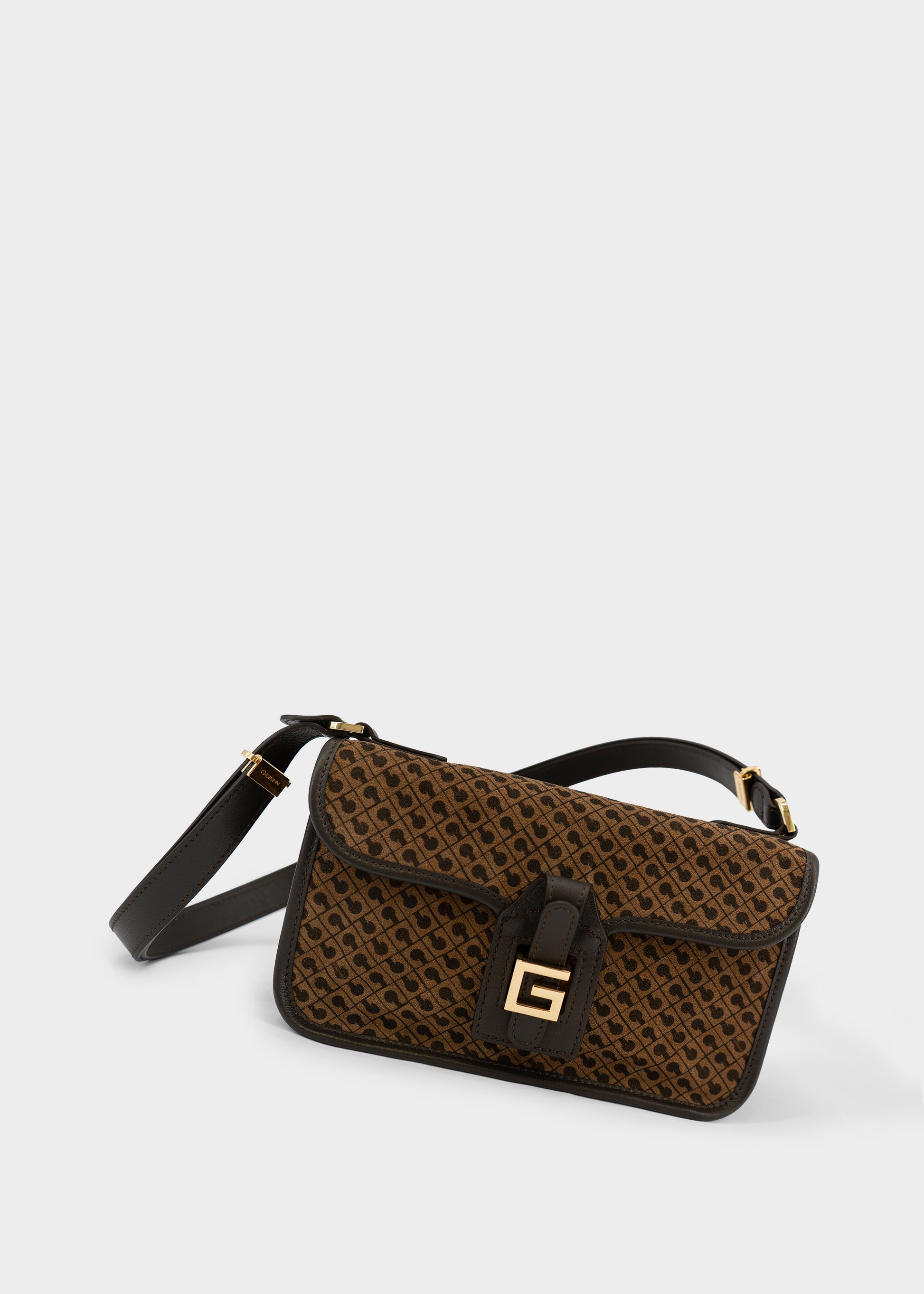 Borsa a Spalla Piccola con Patta in Monogram Suede Toffee